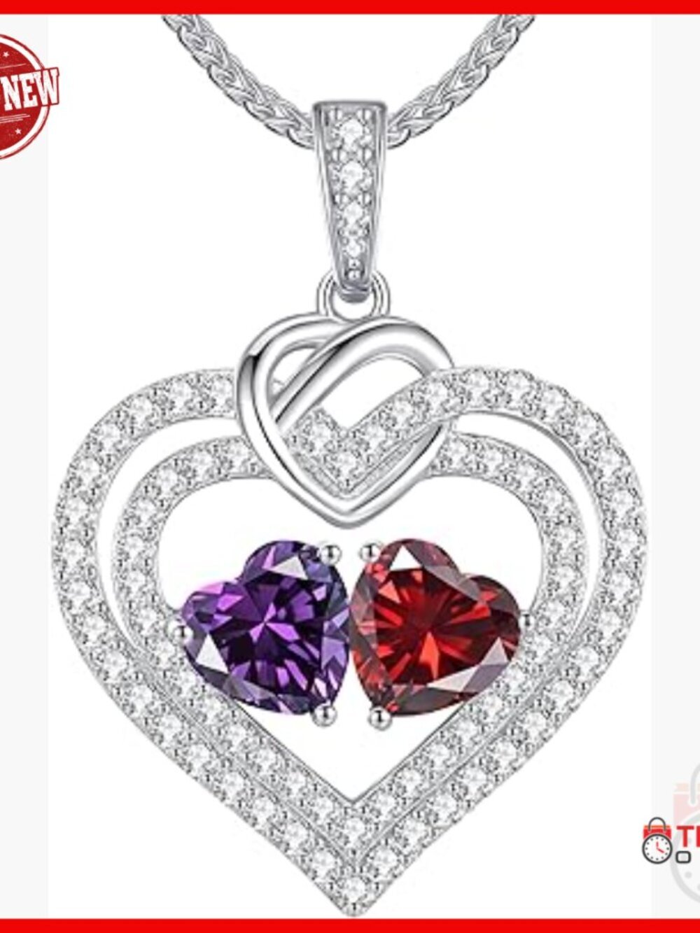Sterling Silver Double Heart Birthstone Necklace, 18" Adjustable Chain, Fine